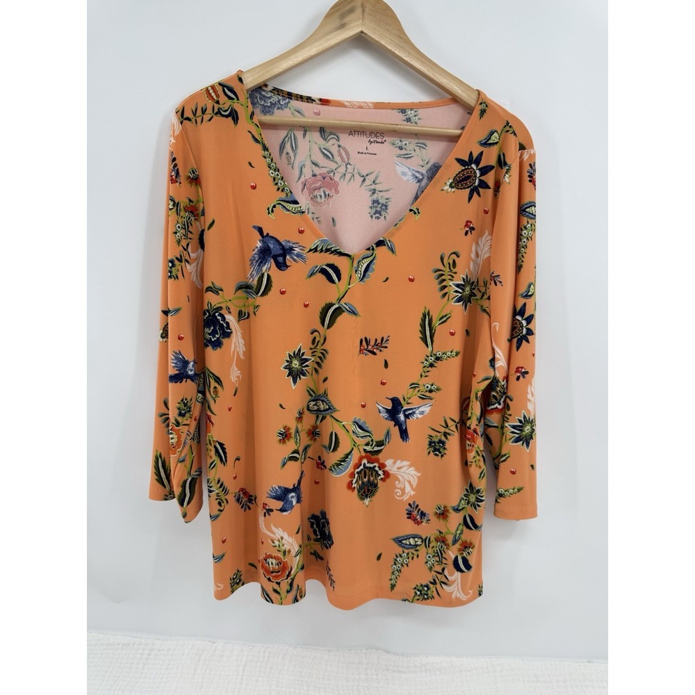 Attitudes by Renee Popover Top Hummingbird Floral Flowy Stretch Orange Size L